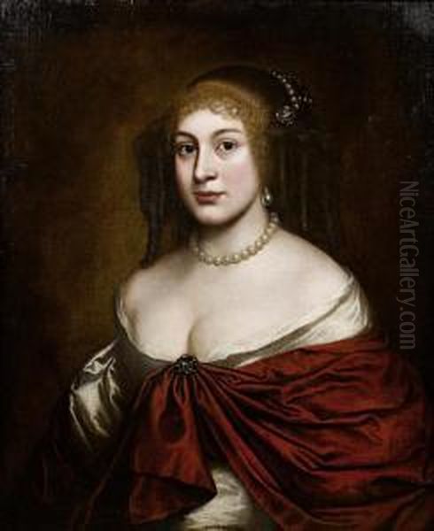 Portrait Of A Lady, Bust-length, In A White Silk Dress, A Red Wrap And A Pearl Headdress Oil Painting by Pieter Nason