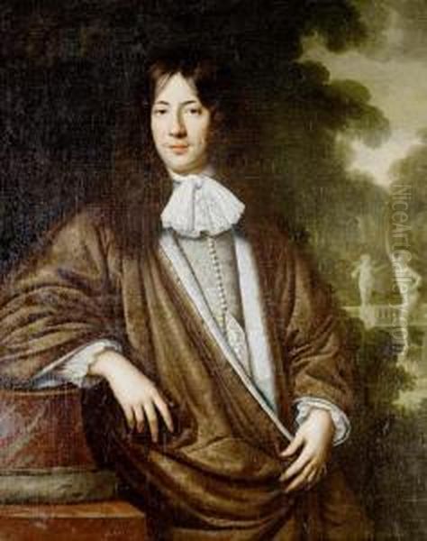 Portrait Of A Gentleman, Three-quarter-length,in A Purple Silk Mantle, A Silver Embroidered Waistcoat And Whitelace Chemise, Leaning On A Column Before An Italianate Garden Oil Painting by Pieter Nason