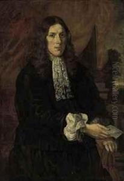 Portrait Of A Gentleman Traditionally Identified As James Cook(1669 - ?1703), Half-length, In A Black Doublet And Pantaloons Anda Lace Jabot Holding A Manuscript In His Right Hand, A Landscapebeyond Oil Painting by Pieter Nason