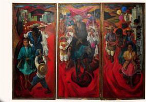 Tres Paneles. Oleo Sobre Madera, Temas Populares Mexicanos. Escenas Alusivas Al Domingo De Ramos. Dimensiones: 200 X 86 Cm Cada Uno Oil Painting by Thomas Nast