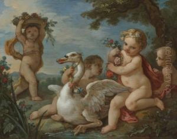 Putti Adorning A Swan With A Garland Of Flowers Oil Painting by Charles Joseph Natoire