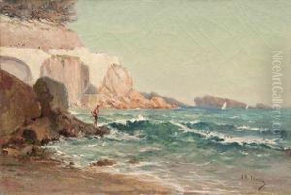 Pecheur En Contrebas De La Corniche A Marseille Oil Painting by Louis Nattero