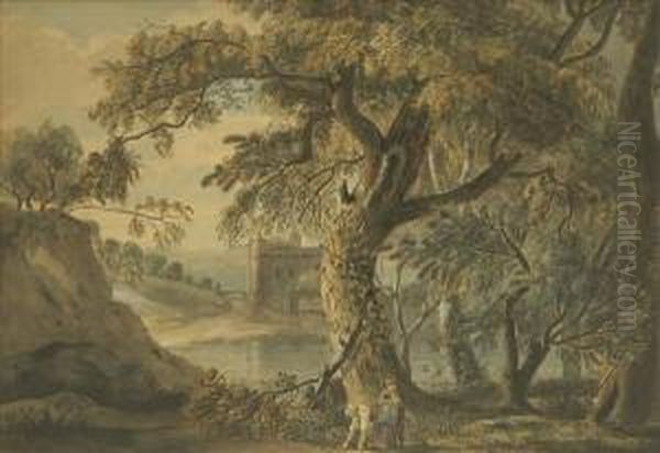 Thefaggot Gatherers, A Wooded River Landscape With Castle Oil Painting by John Claude Nattes