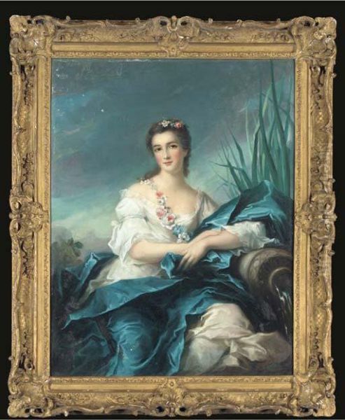 Portrait Of A Lady, As A River Goddess, In A White Satin Dress Andblue Mantle, A Garland Of Flowers Over Her Shoulder Oil Painting by Jean-Baptiste Nattier