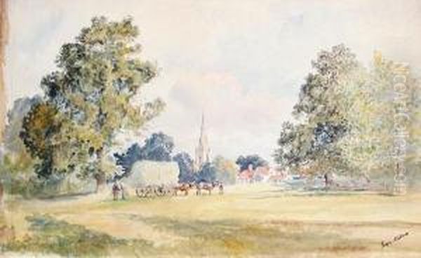 A Collection Of Watercolours Consisting Of Village Scenes, A Country Landscape, Castle Ruins And A Beached Hull Oil Painting by George Nattress