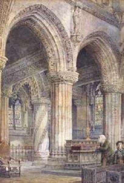 Rosslyn Chapel With The Apprentice Pillar Oil Painting by George Nattress