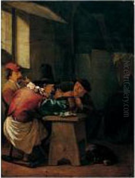 Two Men Drinking With Another Playing A Recorder In An Interior Oil Painting by Johannes Natus