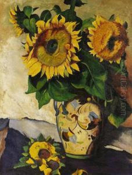 Sonnenblumen In Bemalter Vase Mit Doppelhenkel. Oil Painting by Heinrich Nauen