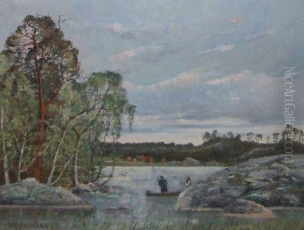 River Landscape With Figures In A Boat Oil Painting by Ivar Nauman