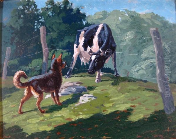 Dog And Cow Oil Painting by Georges Nauwelaerts