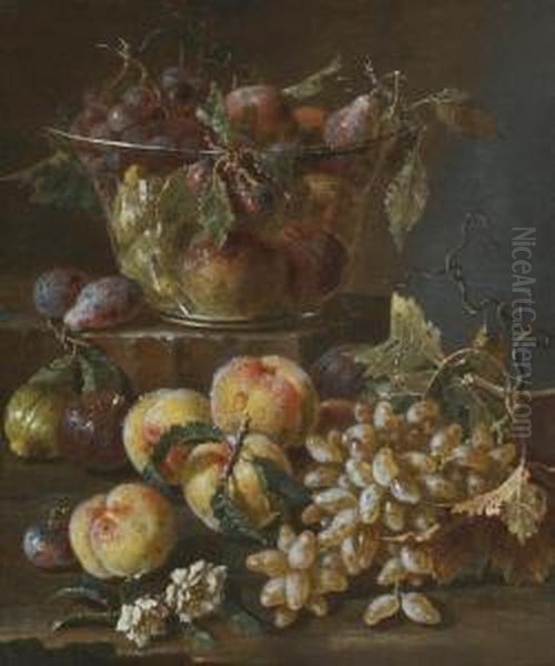 A Still Life With Peaches, Grapes, Plums And Flowers Oil Painting by Pietro Navarra