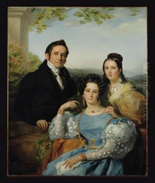 Portrait Of Theodore Joseph Jonet And His Two Daughters Oil Painting by Francois Joseph Navez