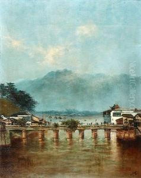 View Of A Kashmiri Bridge, Believed To Be Srinegar Oil Painting by A.P. Nazar