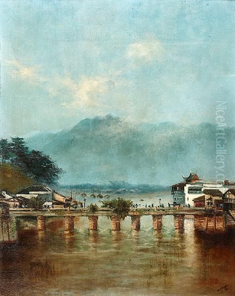 View Of A Nepalese Bridge, Believed To Be Srinegar Oil Painting by A.P. Nazar