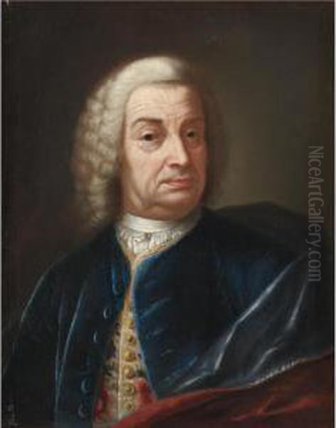 Portrait Of A Gentleman, Half Length, Wearing A Wig And A Blue Velvet Cape Oil Painting by Bartolomeo Nazari