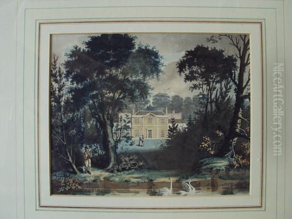 Country House With Figures Before Oil Painting by J. P. Neale