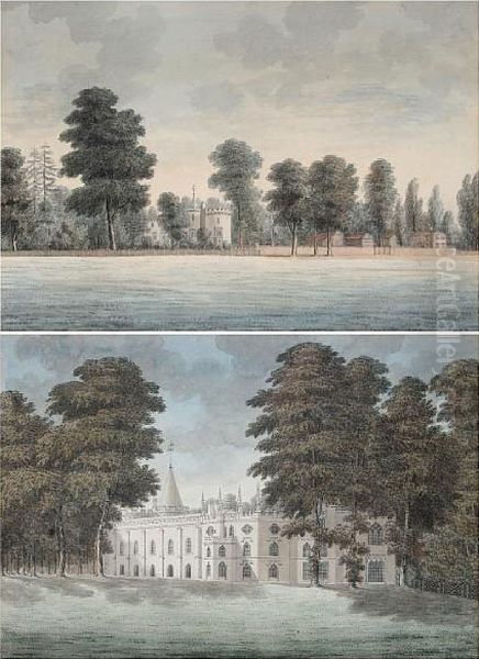 A Country House In Trees; And Another A Gatehouse And Park Enclosure, A Pair Oil Painting by J. P. Neale