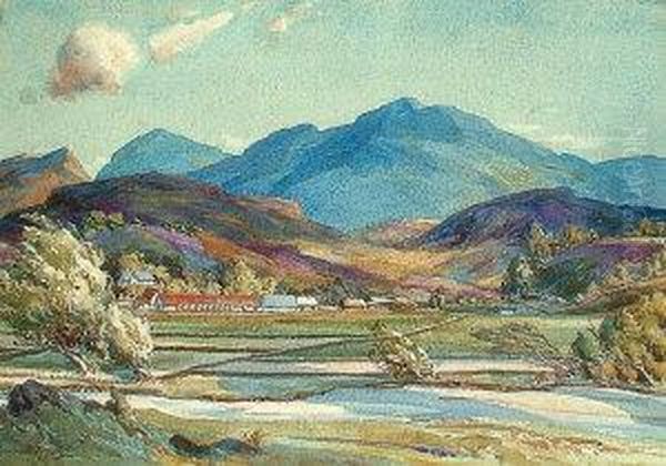 A Tranquil Valley With Cottages And Mountains Oil Painting by Edward Mossforth Neatby