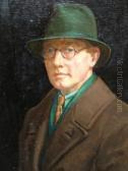 Self Portrait, Bust Length Wearing A Green Trilby Hat Oil Painting by Edward Mossforth Neatby