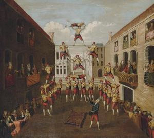 The Forze D'ercole; The Castellani Acrobats In A Venetianpiazza Oil Painting by Balthasar Nebot