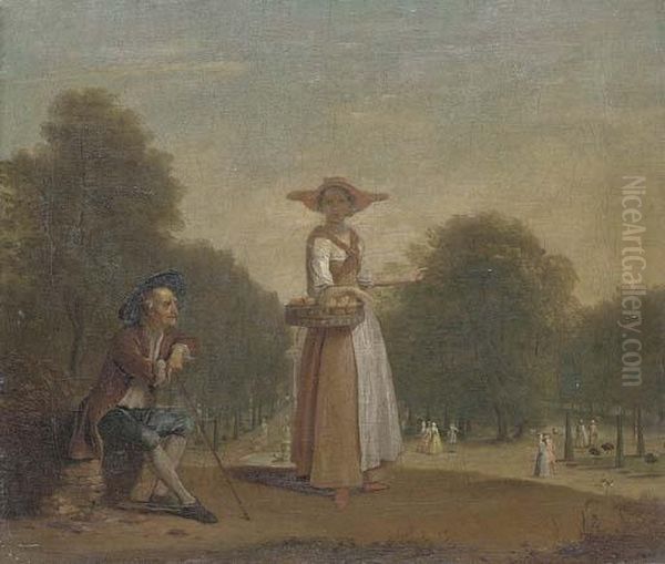 A Lady Selling Peaches In A Formal Garden With An Old Man Seated, Elegant Figures Beyond Oil Painting by Balthasar Nebot