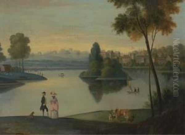 Elegant Figures By A Boating Lake Oil Painting by Balthasar Nebot