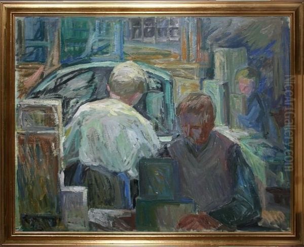 Interieur With Three Young Men Oil Painting by Elisabeth Neckelmann