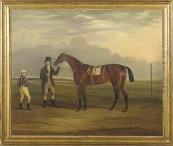 Chorister, A Bay Racehorse Held By A Groom, With A Jockey, On Aracecourse Oil Painting by William Nedham