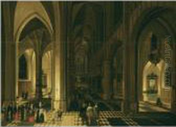 Church Interior Of The Antwerp Cathedral At Night, With Figures Ina Procession To The Left Oil Painting by Pieter Neefs The Elder, Frans The Younger Francken