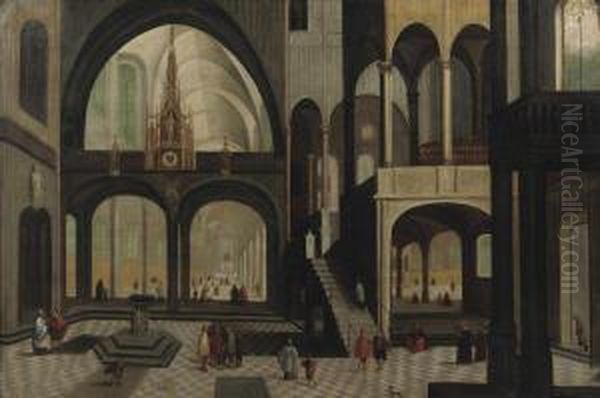 The Interior Of A Gothic Church With Elegant Figure Sconversing Oil Painting by Pieter Ii Neefs