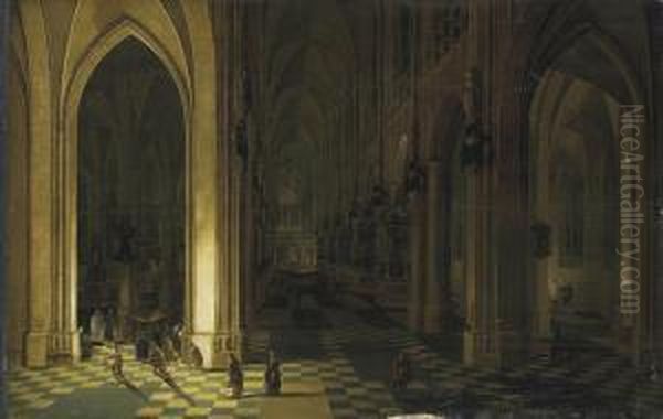 Interior Of A Cathedral By Candlelight Oil Painting by Pieter Ii Neefs