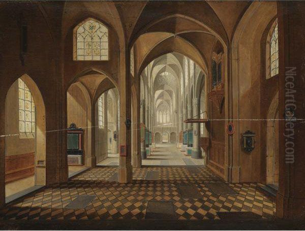 A Protestant Church Interior Oil Painting by Pieter Ii Neefs