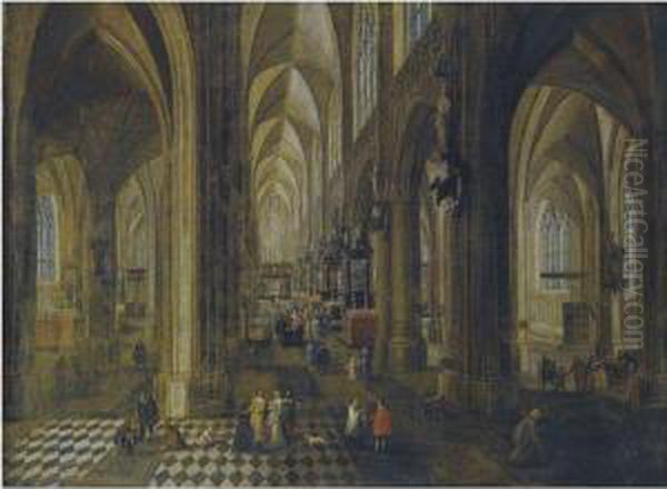 A Capriccio Of The Antwerp Cathedral Interior With Elegantlydressed Figures Oil Painting by Pieter Ii Neefs