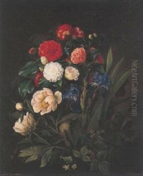 Still Life Of Irises, Wild Roses And Ranunculus Oil Painting by Hermania Sigvardine Neergard