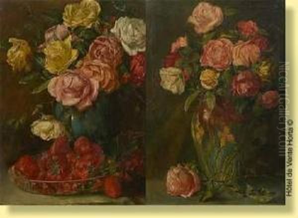 Vase Fleuri De Roses Oil Painting by Jan C. Neervoort