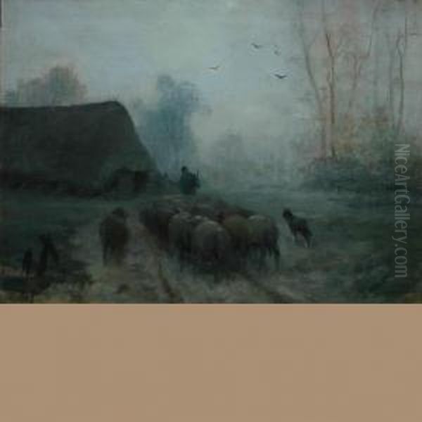 Herdsman And Sheep On A Misty Road Oil Painting by Martinus Jacobus Nefkens