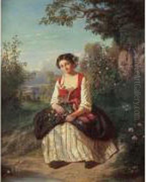 Jeune Fille Aux Fleurs, Circa 1850. Oil Painting by Dominique Alphonse Negre