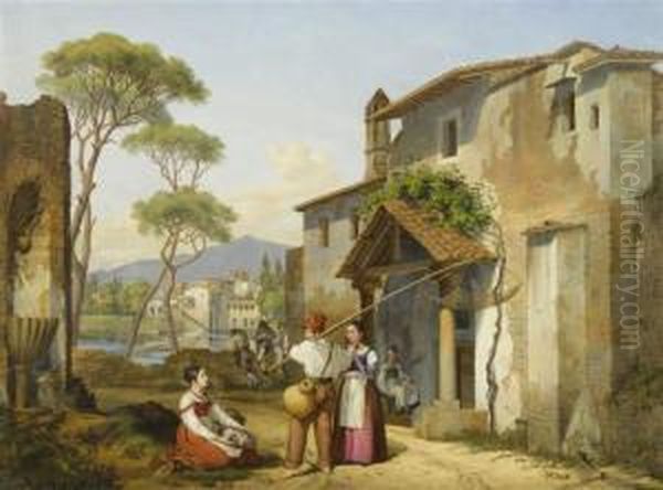 Italian Street View With Fishermen Oil Painting by Michael Neher