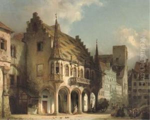 Townsfolk On The Munsterplatz, Freiburg Oil Painting by Michael Neher