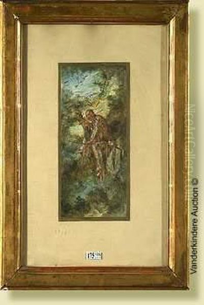 Indienen Embuscade Dans Un Arbre, Aquarelle Sur Papier. Signee En Bas Agauche V. Nehlig. Ecole Francaise. Dim.: 27,5x13cm Oil Painting by Victor Nehlig