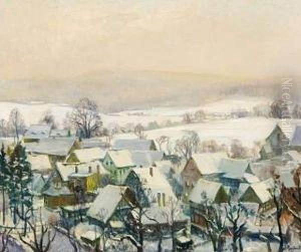 Snowy Village In Thuringia Oil Painting by Paul G. Neidhardt