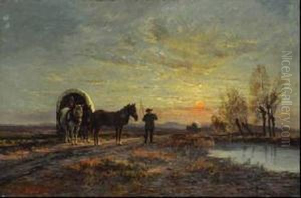 Planwagen Mit Einem Paar Bei Sonnenuntergang. Oil Painting by Paul G. Neidhardt