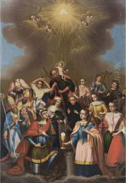 Christ Together With Fourteen Saints, Including St. Barbara, St. Christopher, St. George, St. Hubertus, St. Catharine Of Siena, All Underneath The Trinity Oil Painting by Anton Andreas Neidon