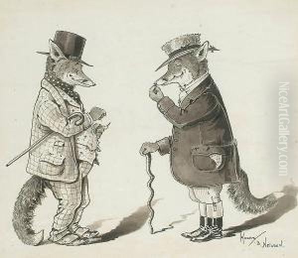 Caricature Of Two Foxes Oil Painting by Harry B. Neilson