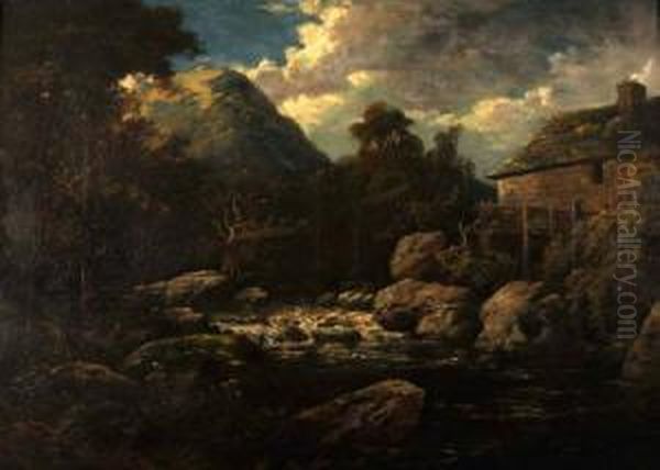 Welsh Mountain River Landscape With Mill Oil Painting by Edward H Neimann