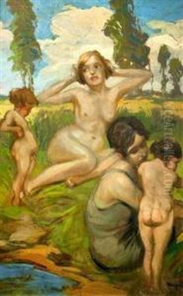 Bathing Oil Painting by Karel Nejedly