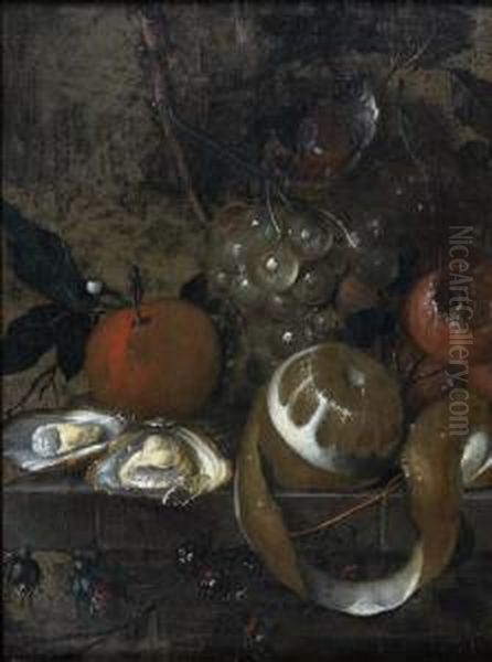 Nature Morte Aux Fruits Et Aux Huitres Sur Un Entablement De Pierre Oil Painting by Marten Nellius