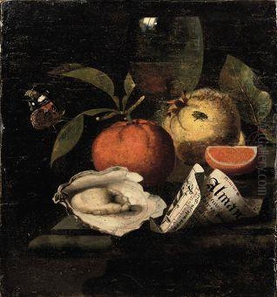 An Orange, A Quince, An Oyster, A Partly Rolled-up Leaflet, A Wineglass, A Red Admiral Butterfly And A Fly, All On A Marbleledge Oil Painting by Marten Nellius