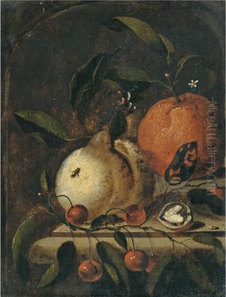 A Still Life With A Lemon, And Orange And A Walnut Together On A Ledge Oil Painting by Marten Nellius