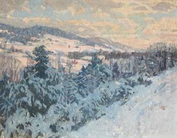 Winter Scene With Distant Farmhouses by Ernest Bruce Nelson